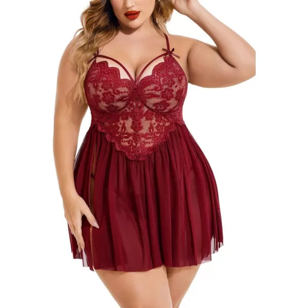 Avidlove Plus Size Lingerie Lace Babydoll Womens Strap Chemise Nightgown V Neck Nighty Mesh Sleepwear Side Slit NightdressPlus Size 1dark Red