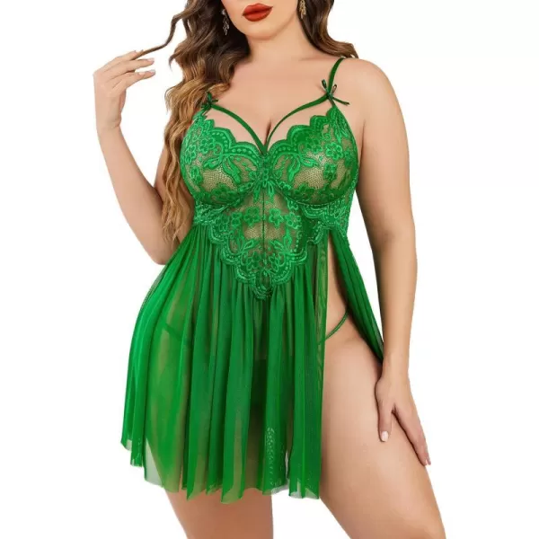 Avidlove Plus Size Lingerie Lace Babydoll Womens Strap Chemise Nightgown V Neck Nighty Mesh Sleepwear Side Slit NightdressPlus Size 1green