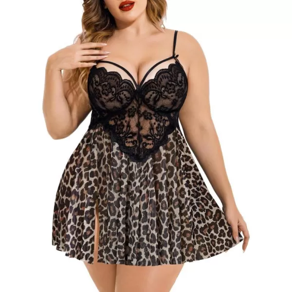 Avidlove Plus Size Lingerie Lace Babydoll Womens Strap Chemise Nightgown V Neck Nighty Mesh Sleepwear Side Slit NightdressPlus Size 1leopard