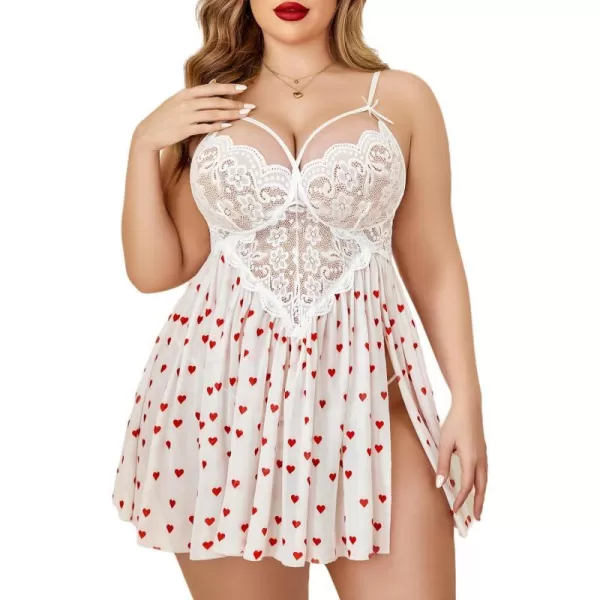 Avidlove Plus Size Lingerie Lace Babydoll Womens Strap Chemise Nightgown V Neck Nighty Mesh Sleepwear Side Slit NightdressPlus Size 1love Heart Print