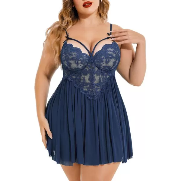 Avidlove Plus Size Lingerie Lace Babydoll Womens Strap Chemise Nightgown V Neck Nighty Mesh Sleepwear Side Slit NightdressPlus Size 1navy Blue