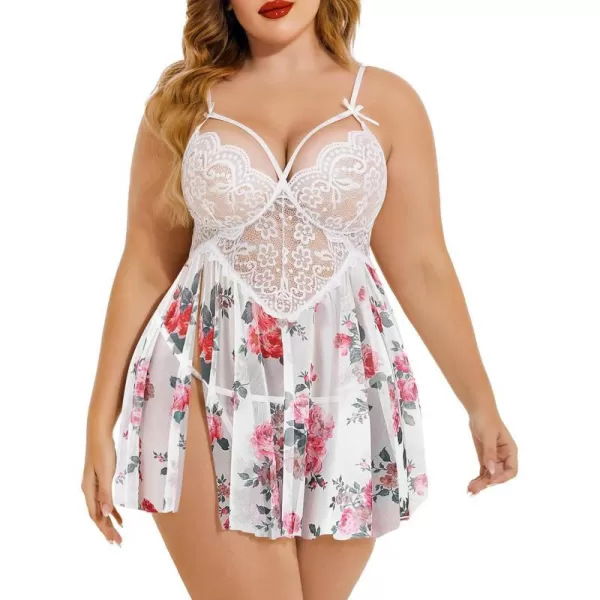 Avidlove Plus Size Lingerie Lace Babydoll Womens Strap Chemise Nightgown V Neck Nighty Mesh Sleepwear Side Slit NightdressPlus Size 1peony Print