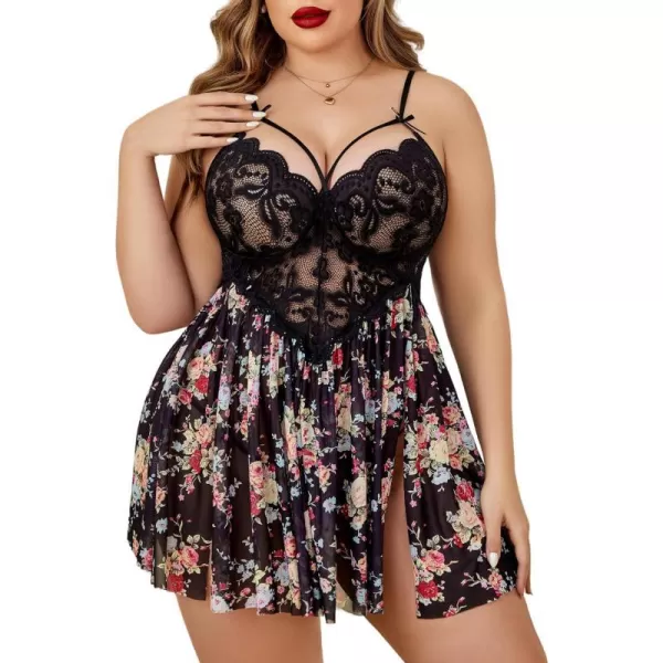 Avidlove Plus Size Lingerie Lace Babydoll Womens Strap Chemise Nightgown V Neck Nighty Mesh Sleepwear Side Slit NightdressPlus Size 1pink Flower Print