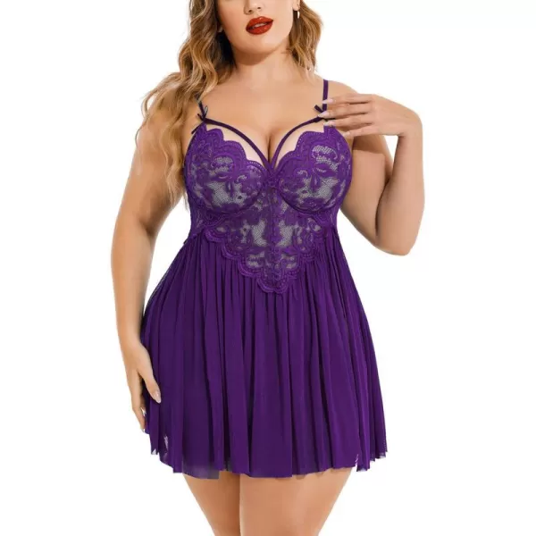 Avidlove Plus Size Lingerie Lace Babydoll Womens Strap Chemise Nightgown V Neck Nighty Mesh Sleepwear Side Slit NightdressPlus Size 1purple