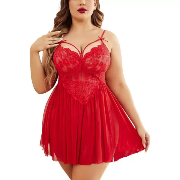 Avidlove Plus Size Lingerie Lace Babydoll Womens Strap Chemise Nightgown V Neck Nighty Mesh Sleepwear Side Slit NightdressPlus Size 1red