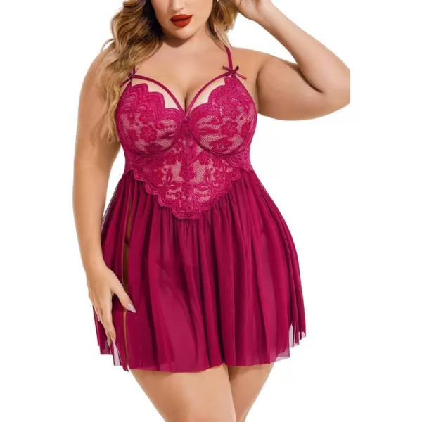 Avidlove Plus Size Lingerie Lace Babydoll Womens Strap Chemise Nightgown V Neck Nighty Mesh Sleepwear Side Slit NightdressPlus Size 1rose Red