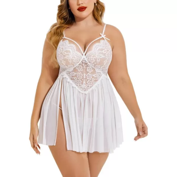 Avidlove Plus Size Lingerie Lace Babydoll Womens Strap Chemise Nightgown V Neck Nighty Mesh Sleepwear Side Slit NightdressPlus Size 1white