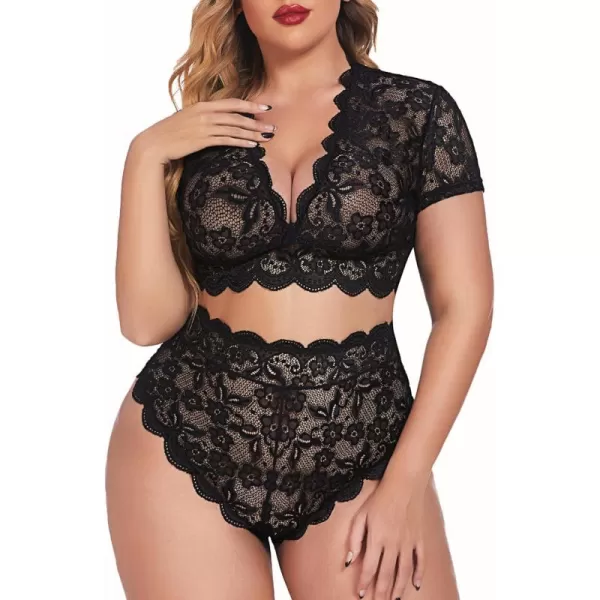 Avidlove Plus Size Lingerie Plus Floral Lace Scallop Trim Lingerie Set Deep V Allover Lace Bra Panties Set Sexy Clubwear1 Black