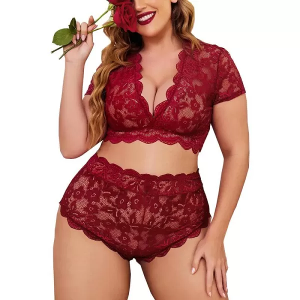 Avidlove Plus Size Lingerie Plus Floral Lace Scallop Trim Lingerie Set Deep V Allover Lace Bra Panties Set Sexy Clubwear1 Wine Red