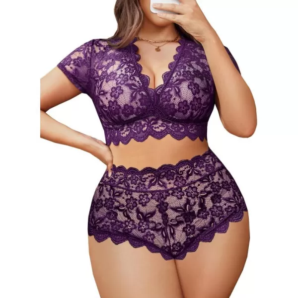 Avidlove Plus Size Lingerie Plus Floral Lace Scallop Trim Lingerie Set Deep V Allover Lace Bra Panties Set Sexy ClubwearDark Purple