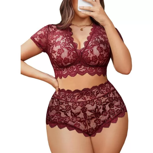 Avidlove Plus Size Lingerie Plus Floral Lace Scallop Trim Lingerie Set Deep V Allover Lace Bra Panties Set Sexy ClubwearDark Red