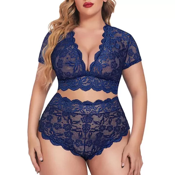 Avidlove Plus Size Lingerie Plus Floral Lace Scallop Trim Lingerie Set Deep V Allover Lace Bra Panties Set Sexy ClubwearNavy Blue