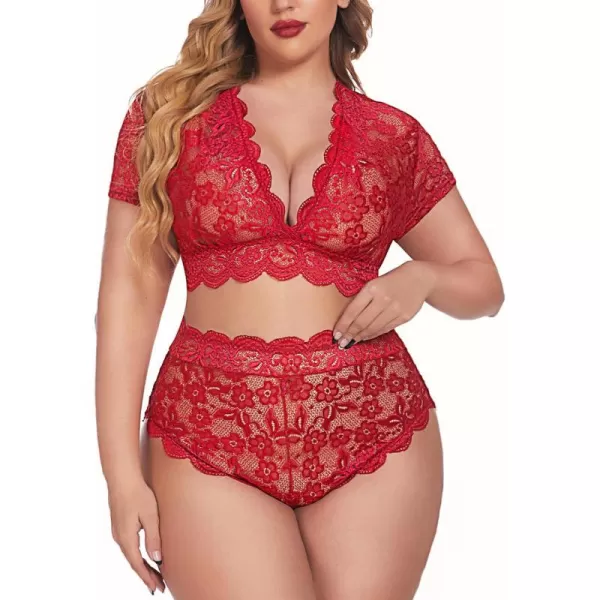 Avidlove Plus Size Lingerie Plus Floral Lace Scallop Trim Lingerie Set Deep V Allover Lace Bra Panties Set Sexy ClubwearRed