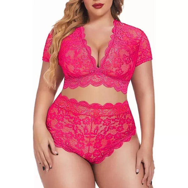 Avidlove Plus Size Lingerie Plus Floral Lace Scallop Trim Lingerie Set Deep V Allover Lace Bra Panties Set Sexy ClubwearRose Red