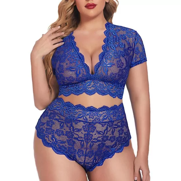 Avidlove Plus Size Lingerie Plus Floral Lace Scallop Trim Lingerie Set Deep V Allover Lace Bra Panties Set Sexy ClubwearSky Blue