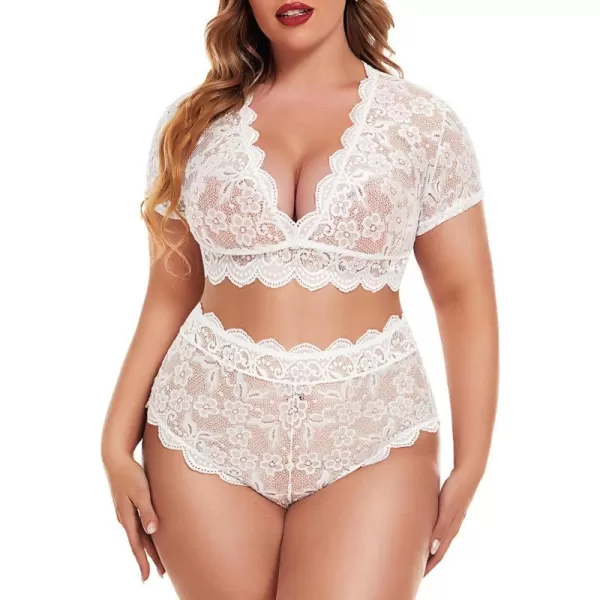 Avidlove Plus Size Lingerie Plus Floral Lace Scallop Trim Lingerie Set Deep V Allover Lace Bra Panties Set Sexy ClubwearWhite