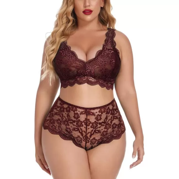 Avidlove Plus Size Lingerie Set for Women Sexy Lace Halter Bralette High Waist Panty SetDark Red