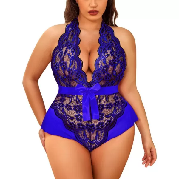 Avidlove Plus Size Lingerie for Women Deep V Neck Teddy Lingerie Halter Lace Bodysuit NightgownBlack Blueplus Size