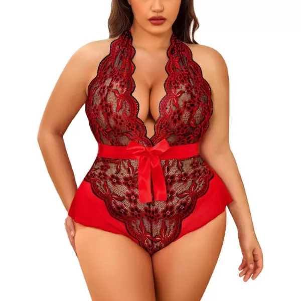 Avidlove Plus Size Lingerie for Women Deep V Neck Teddy Lingerie Halter Lace Bodysuit NightgownBlack Redplus Size