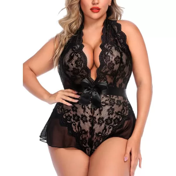 Avidlove Plus Size Lingerie for Women Deep V Neck Teddy Lingerie Halter Lace Bodysuit NightgownBlackplus Size