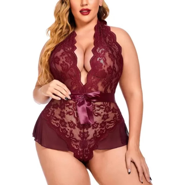 Avidlove Plus Size Lingerie for Women Deep V Neck Teddy Lingerie Halter Lace Bodysuit NightgownDark Redplus Size