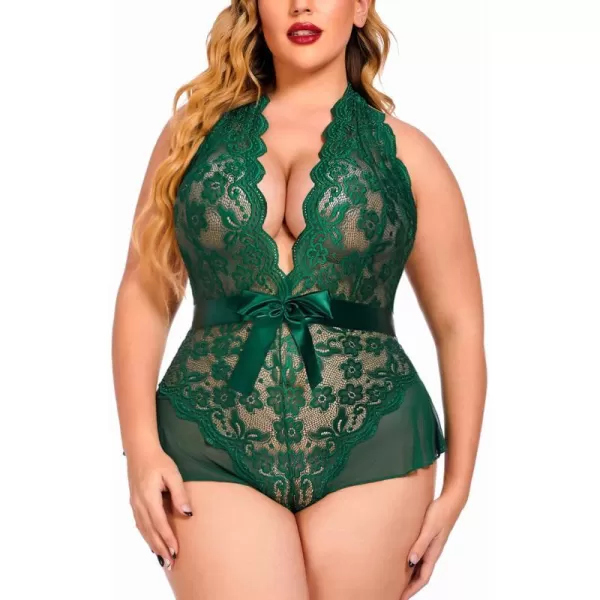 Avidlove Plus Size Lingerie for Women Deep V Neck Teddy Lingerie Halter Lace Bodysuit NightgownGreenplus Size