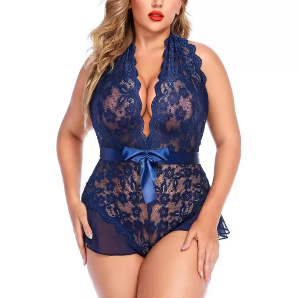 Avidlove Plus Size Lingerie for Women Deep V Neck Teddy Lingerie Halter Lace Bodysuit NightgownNavy Blueplus Size