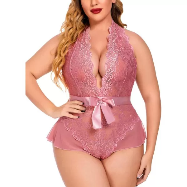 Avidlove Plus Size Lingerie for Women Deep V Neck Teddy Lingerie Halter Lace Bodysuit NightgownPink Purpleplus Size