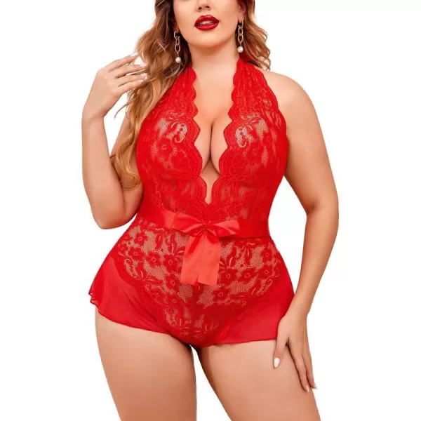 Avidlove Plus Size Lingerie for Women Deep V Neck Teddy Lingerie Halter Lace Bodysuit NightgownRedplus Size