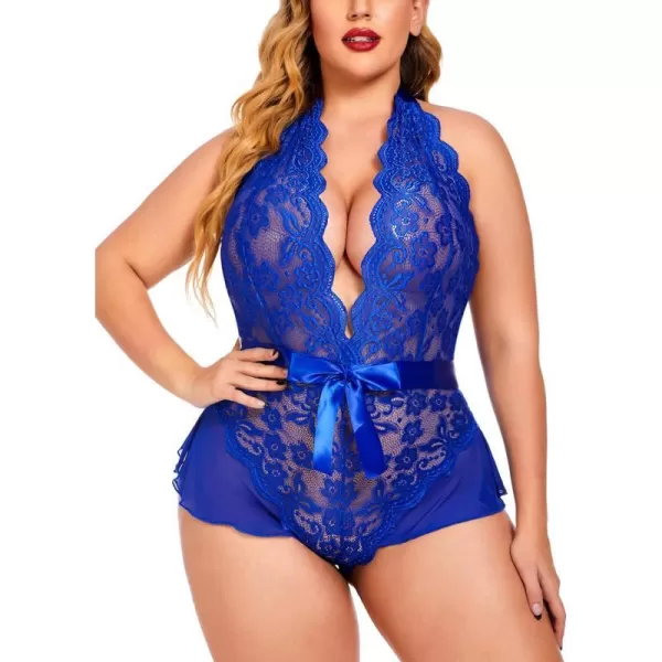 Avidlove Plus Size Lingerie for Women Deep V Neck Teddy Lingerie Halter Lace Bodysuit NightgownRoyal Blueplus Size