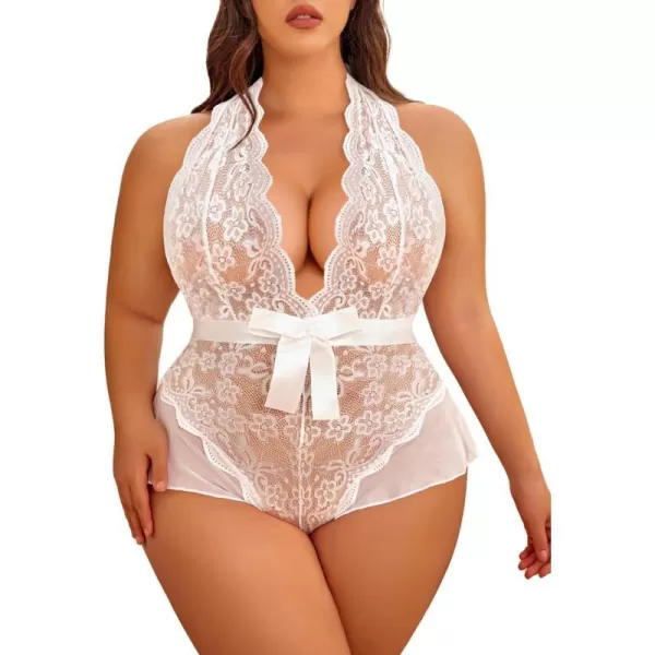 Avidlove Plus Size Lingerie for Women Deep V Neck Teddy Lingerie Halter Lace Bodysuit NightgownWhiteplus Size