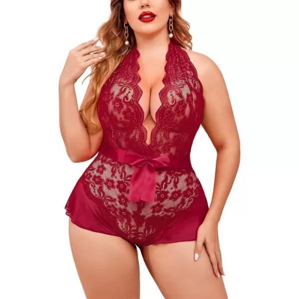 Avidlove Plus Size Lingerie for Women Deep V Neck Teddy Lingerie Halter Lace Bodysuit NightgownWine Redplus Size