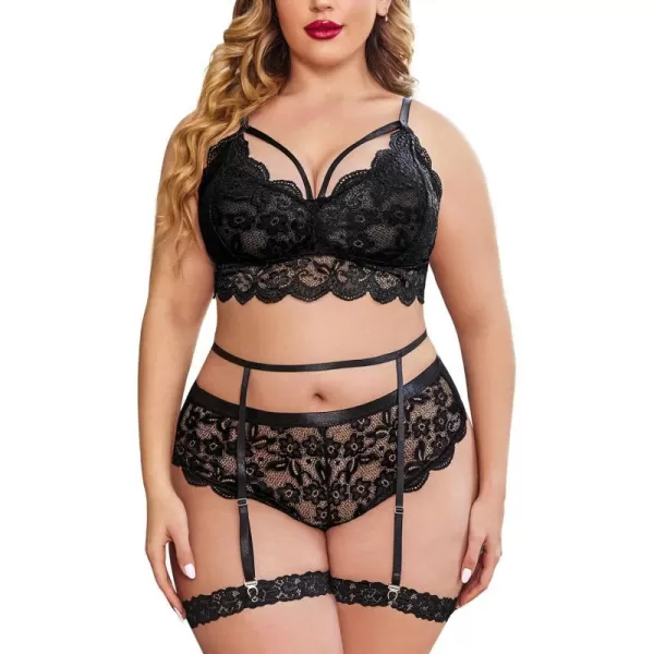 Avidlove Plus Size Lingerie for Women Floral Lace Scallop Trim Bra High Waist Panties Set Garter Lingerie SetBlack