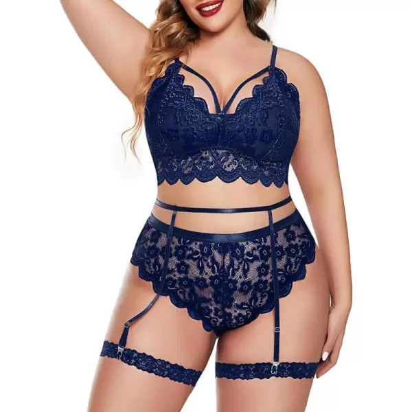 Avidlove Plus Size Lingerie for Women Floral Lace Scallop Trim Bra High Waist Panties Set Garter Lingerie SetDark Blue