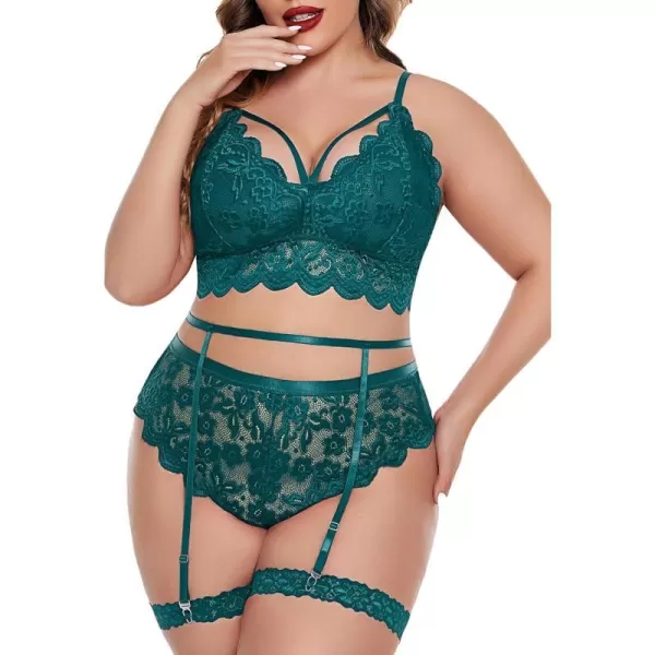 Avidlove Plus Size Lingerie for Women Floral Lace Scallop Trim Bra High Waist Panties Set Garter Lingerie SetDark Green