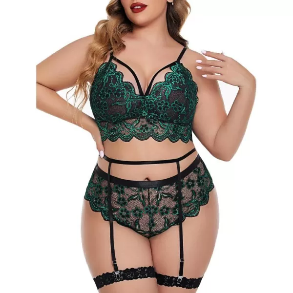 Avidlove Plus Size Lingerie for Women Floral Lace Scallop Trim Bra High Waist Panties Set Garter Lingerie SetGreen