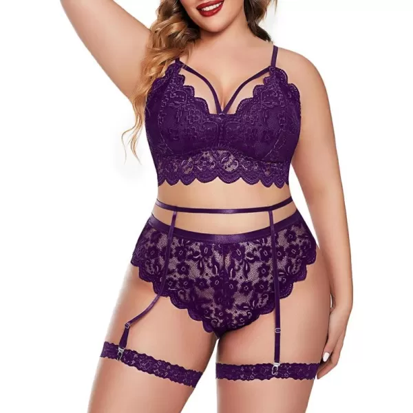 Avidlove Plus Size Lingerie for Women Floral Lace Scallop Trim Bra High Waist Panties Set Garter Lingerie SetPurple