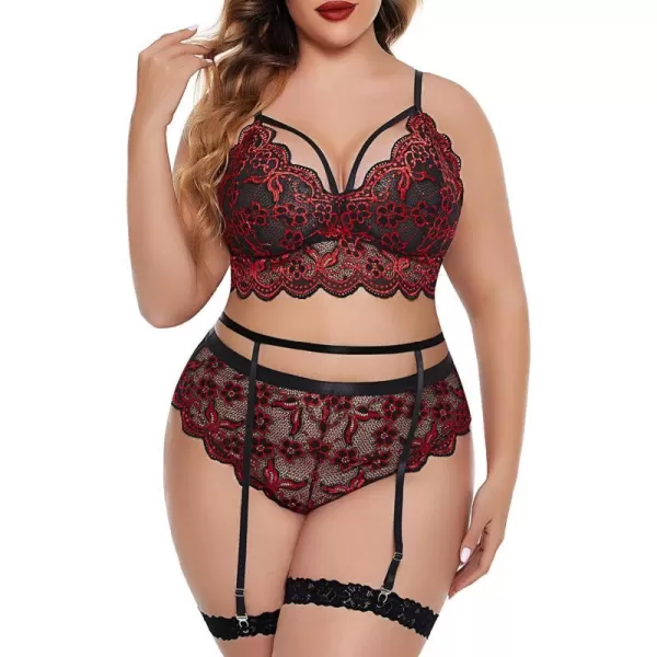 Avidlove Plus Size Lingerie for Women Floral Lace Scallop Trim Bra High Waist Panties Set Garter Lingerie SetRed