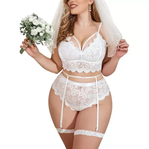 Avidlove Plus Size Lingerie for Women Floral Lace Scallop Trim Bra High Waist Panties Set Garter Lingerie SetWhite