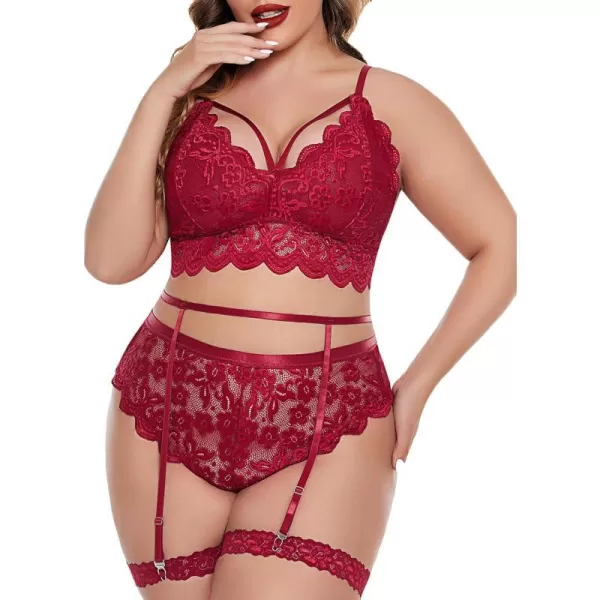 Avidlove Plus Size Lingerie for Women Floral Lace Scallop Trim Bra High Waist Panties Set Garter Lingerie SetWine Red