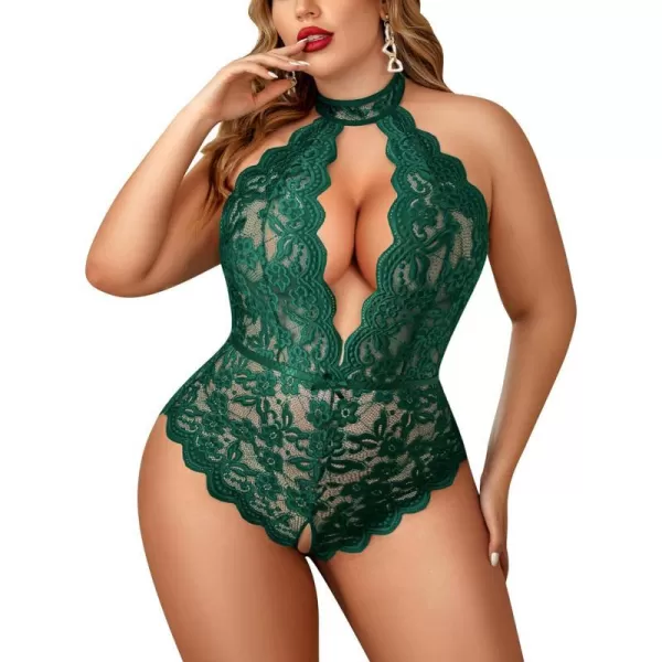 Avidlove Plus Size Lingerie for Women Lace Bodysuit Halter Teddy Babydoll Nightgown 1624 PlusGreen1