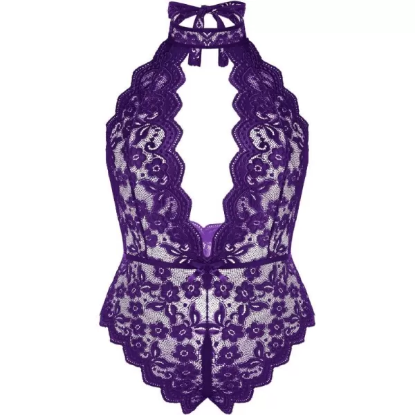 Avidlove Plus Size Lingerie for Women Lace Bodysuit Halter Teddy Babydoll Nightgown 1624 PlusPurple1