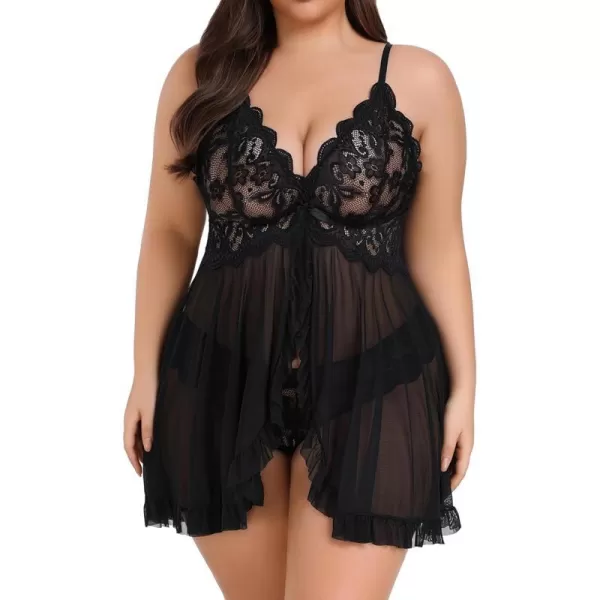 Avidlove Plus Size Lingerie for Women Sexy Lingerie Dress Lace Babydoll Lingerie VNeck Open Front Strap NightdressBlack