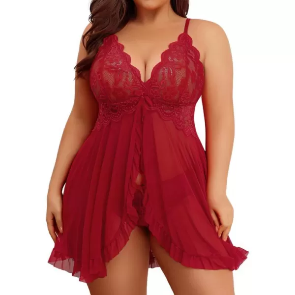 Avidlove Plus Size Lingerie for Women Sexy Lingerie Dress Lace Babydoll Lingerie VNeck Open Front Strap NightdressBurgundy