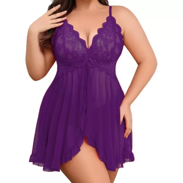 Avidlove Plus Size Lingerie for Women Sexy Lingerie Dress Lace Babydoll Lingerie VNeck Open Front Strap NightdressPurple