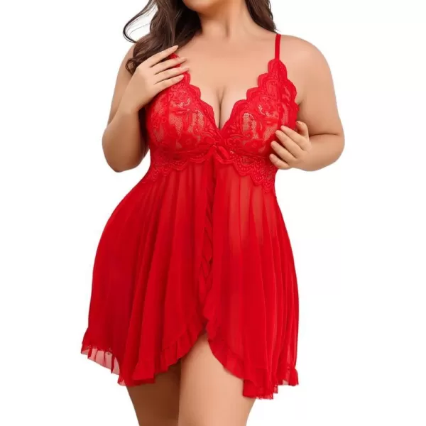 Avidlove Plus Size Lingerie for Women Sexy Lingerie Dress Lace Babydoll Lingerie VNeck Open Front Strap NightdressRed