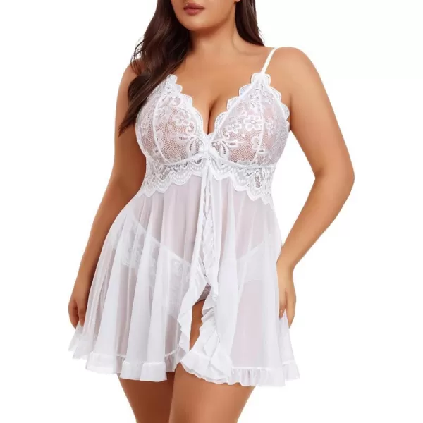 Avidlove Plus Size Lingerie for Women Sexy Lingerie Dress Lace Babydoll Lingerie VNeck Open Front Strap NightdressWhite