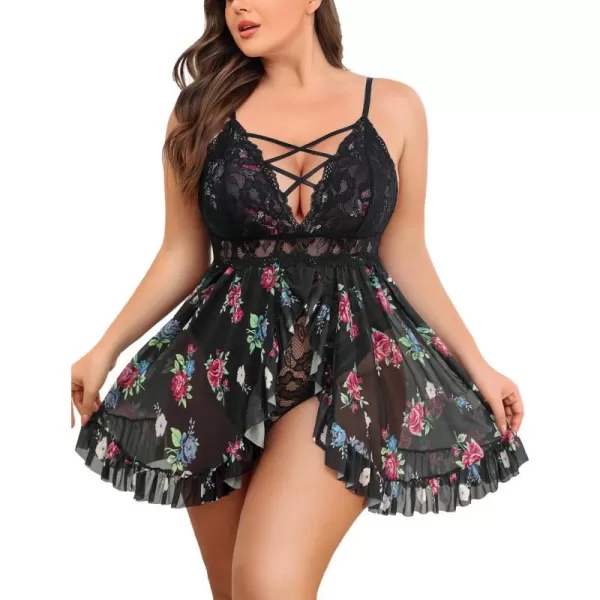 Avidlove Plus Size Lingerie for Women Sexy Snap Crotch Babydoll Lace Chemise Curvy Strappy Ruffle L4XLBlack Flower