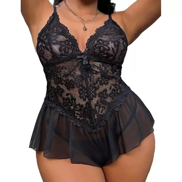 Avidlove Plus Size Women Lingerie Bodysuit Sexy Lace Teddy One Piece Babydoll Chemise L4XLBlack