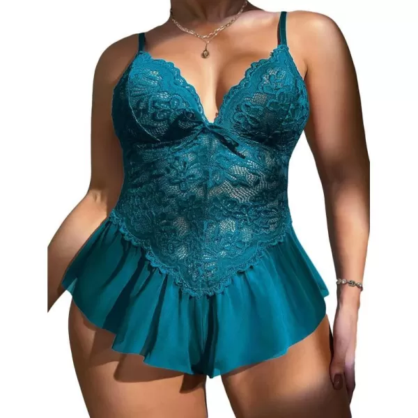 Avidlove Plus Size Women Lingerie Bodysuit Sexy Lace Teddy One Piece Babydoll Chemise L4XLBlue Green